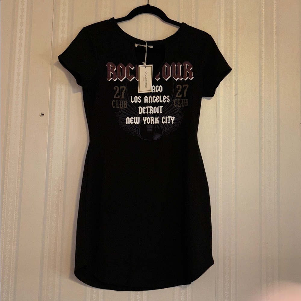 No Comment NWT Med Black Graphic Rock Tour Slinky T-Shirt Dress FREE SHIP